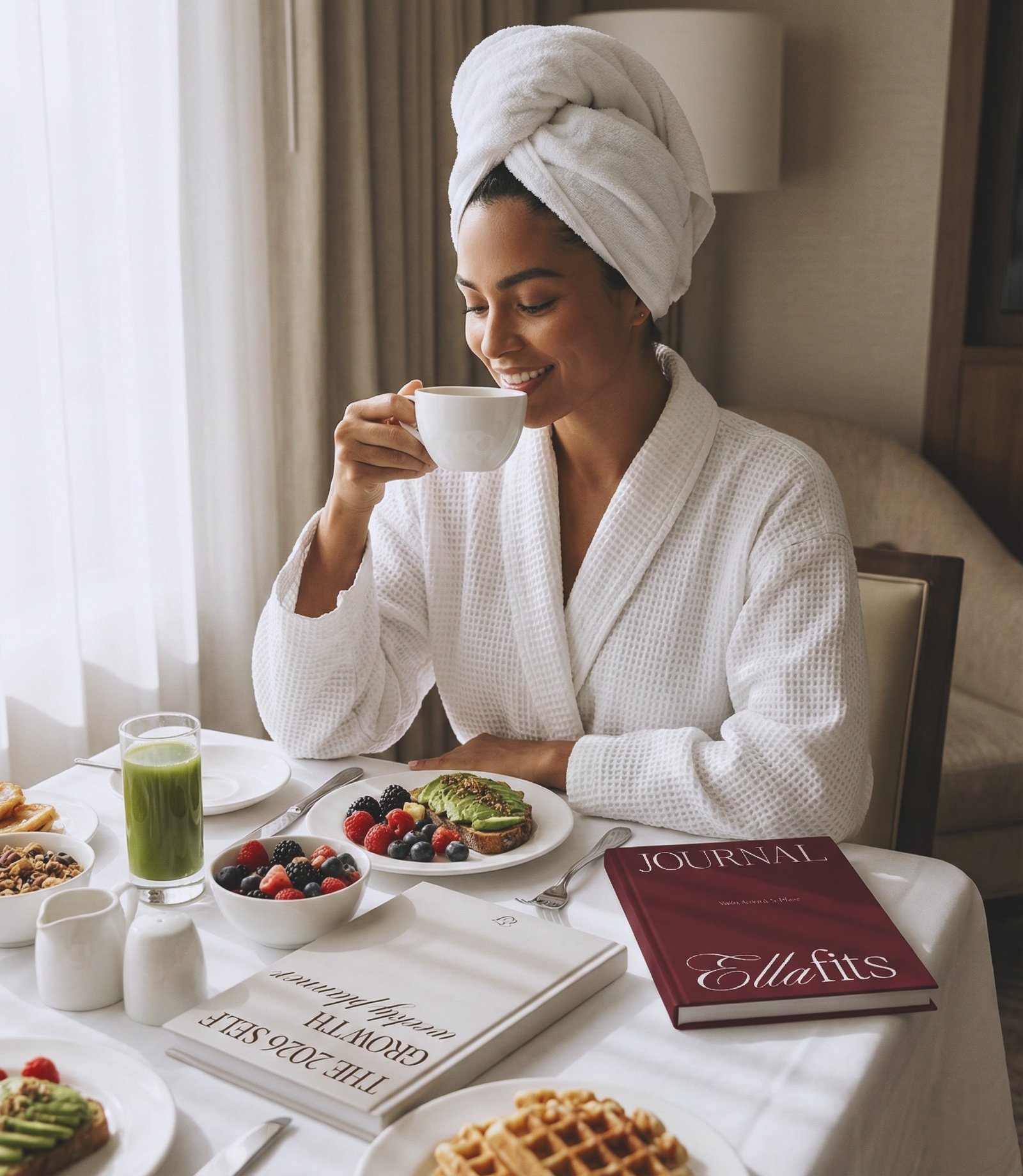 Lifestyle editorial photography showing Ellafits premium Journals' 'The 2026 Self Growth Weekly Planner and Ellafits Journal´ in cream, accompanied by two red hardcover journals and a healthy breakfast on a table, evoking an aesthetic, natural and organized morning routine.